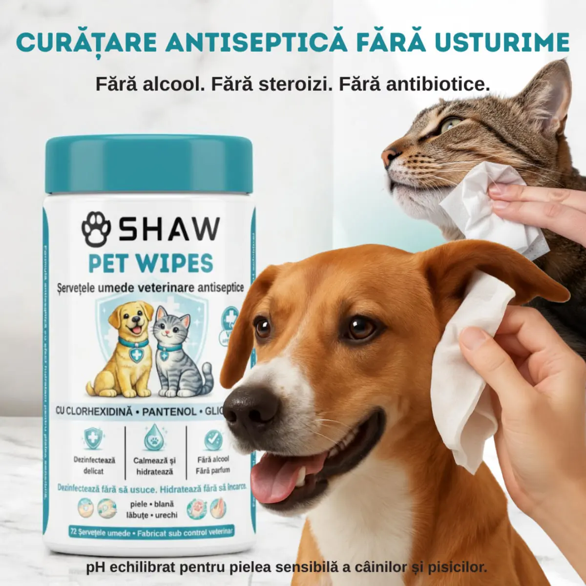 SHAW Pet Wipes cu Clorhexidina, servetele umede caini si pisici, antibacteriene, hidratant, flacon, 72buc - Image 7