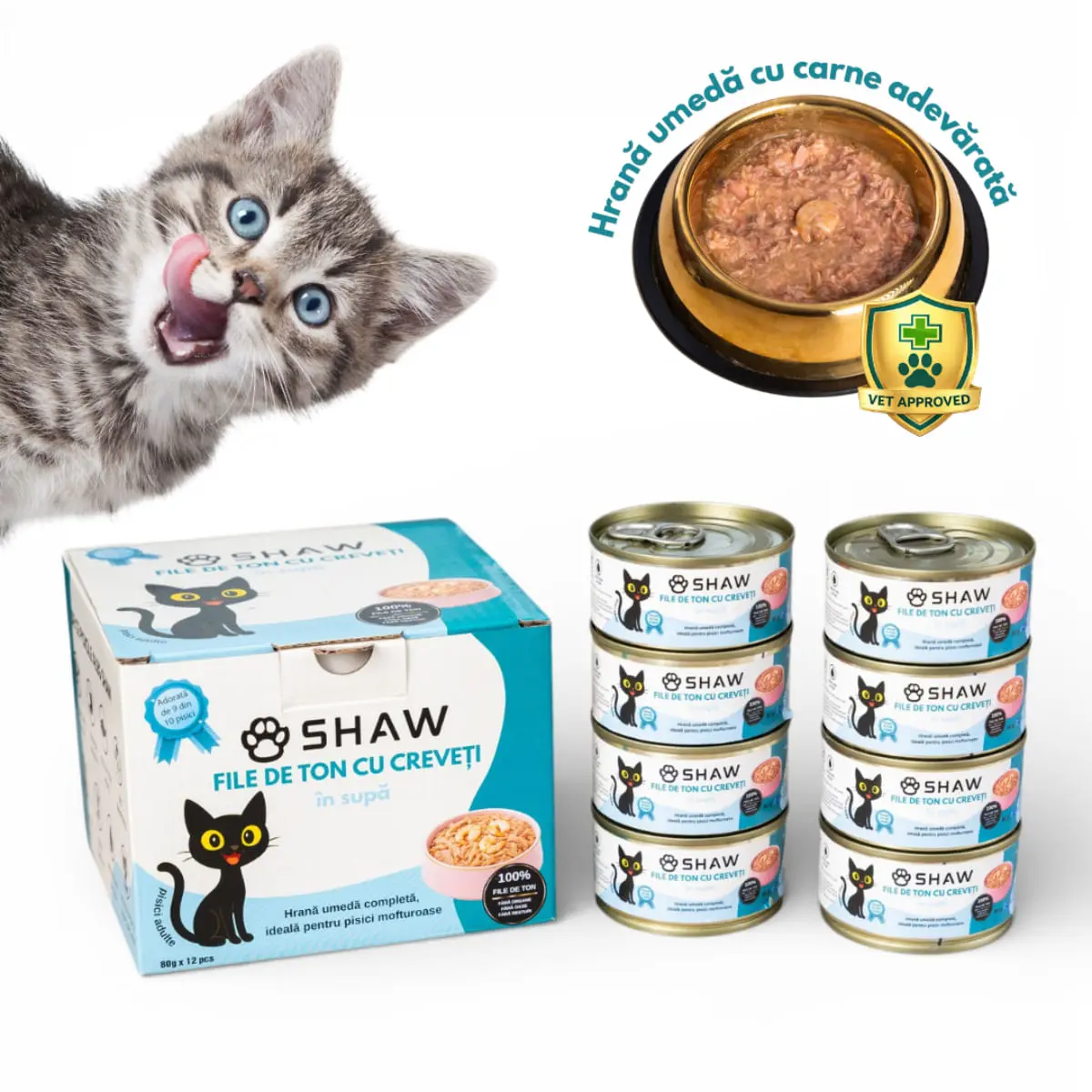 SHAW File, Ton si Creveti, conserva hrana umeda fara cereale pisici, apetit capricios, (in supa), bax, 80g x 12buc