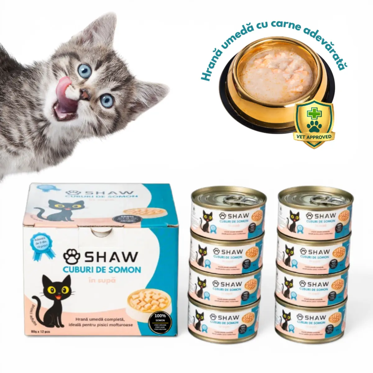 SHAW Cuburi, Somon, conserva hrana umeda fara cereale pisici, apetit capricios, (in supa), bax, 80g x 12buc