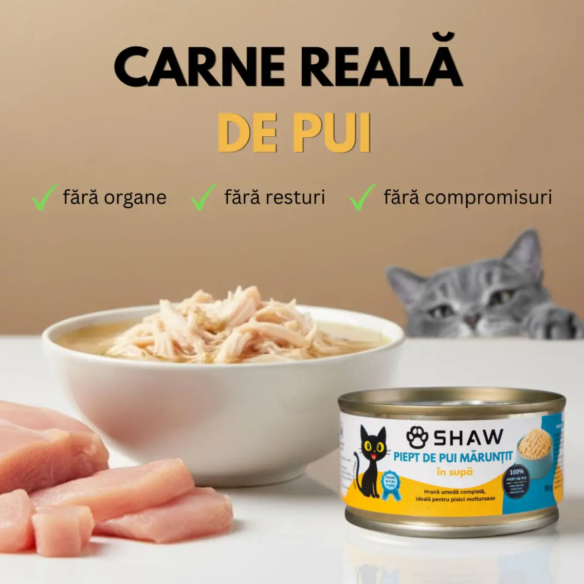 SHAW Piept, Pui, conserva hrana umeda fara cereale pisici, apetit capricios, (in supa), 80g - Image 5