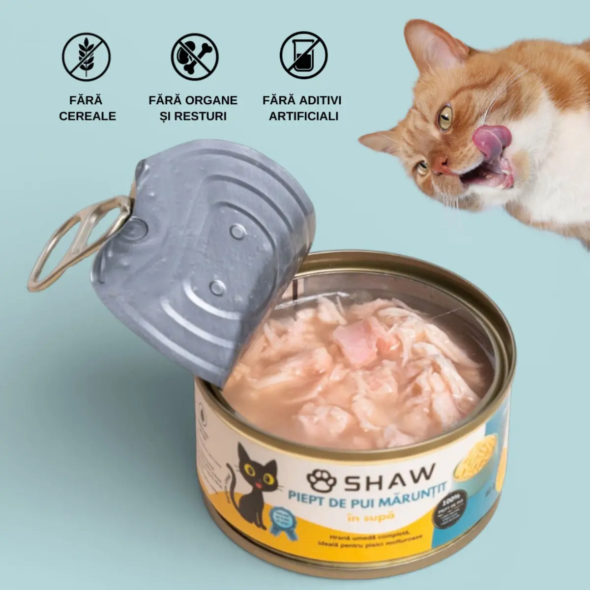 SHAW Piept, Pui, conserva hrana umeda fara cereale pisici, apetit capricios, (in supa), 80g - Image 6