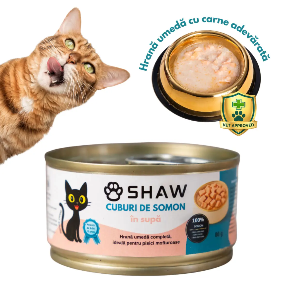SHAW Cuburi, Somon, conserva hrana umeda fara cereale pisici, apetit capricios, (in supa), 80g