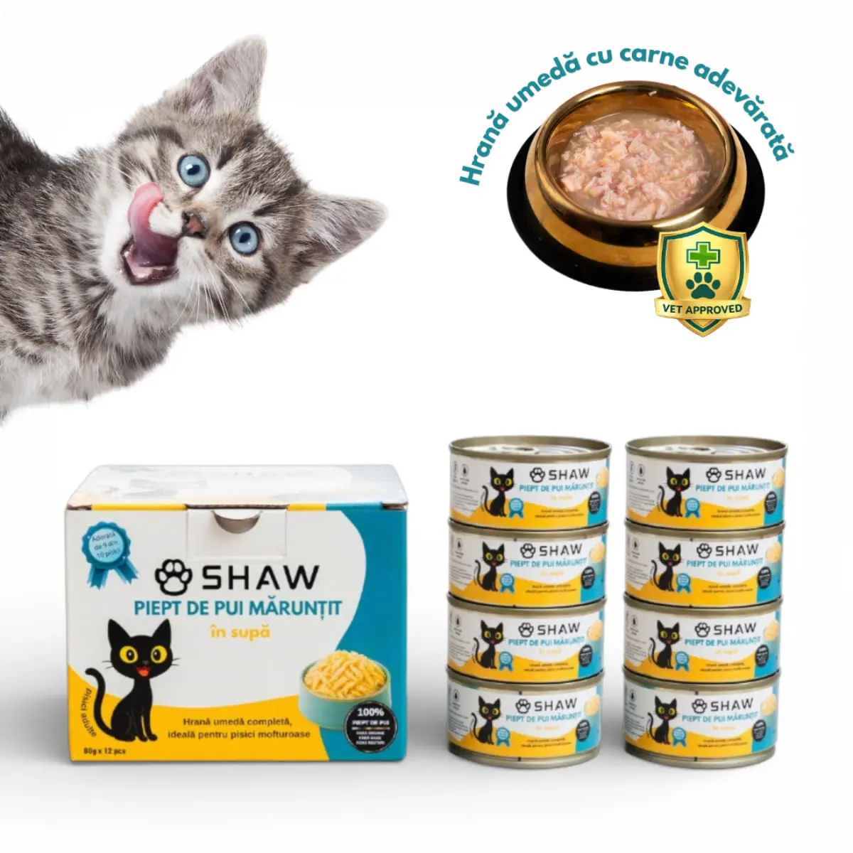 SHAW Piept, Pui, conserva hrana umeda fara cereale pisici, apetit capricios, (in supa), bax, 80g x 12buc