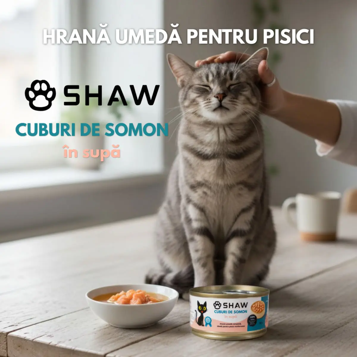 SHAW Cuburi, Somon, conserva hrana umeda fara cereale pisici, apetit capricios, (in supa), 80g - Image 4