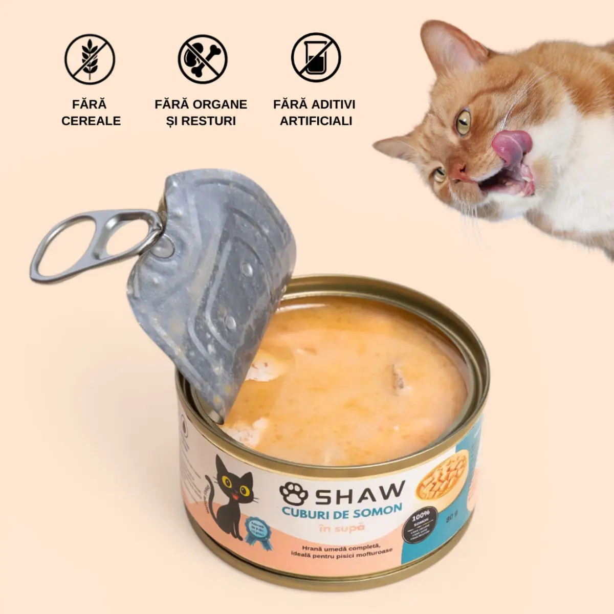 SHAW Cuburi, Somon, conserva hrana umeda fara cereale pisici, apetit capricios, (in supa), 80g - Image 6