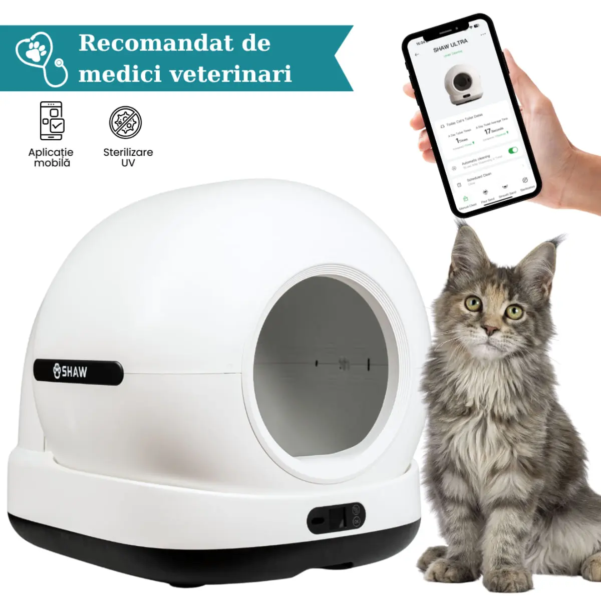 SHAW Ultra, litiera automata pisici, auto-curatare, sterilizare UV, aplicatie mobila, negru, 58.19x51.34x53 cm