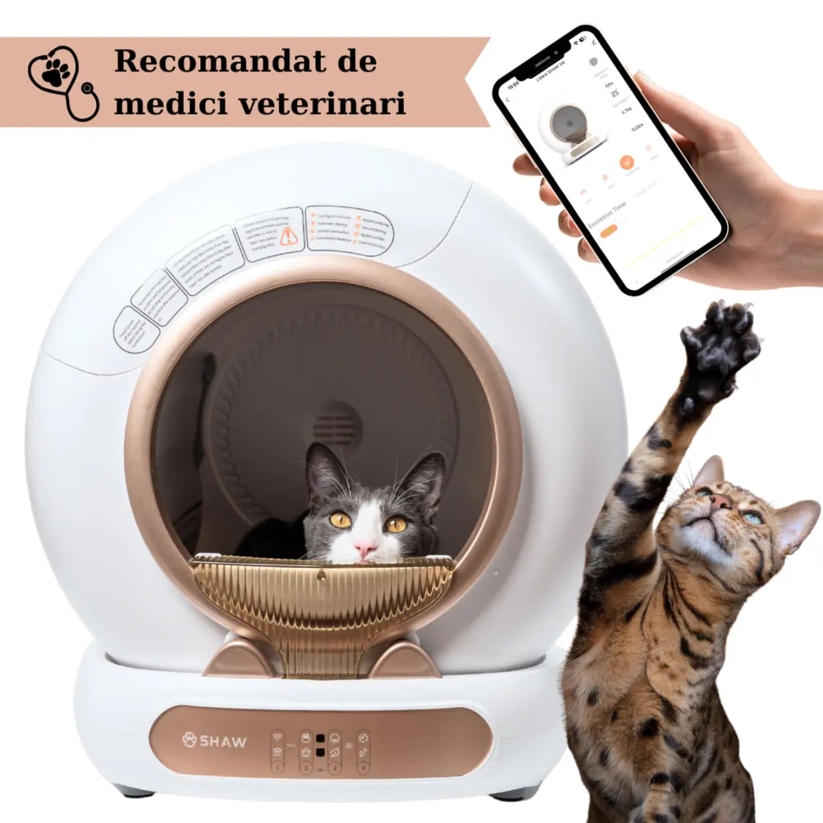 SHAW Smart V4, litiera automata pisici, auto-curatare, ionizare, aplicatie mobila, alb si auriu, 480x505 cm