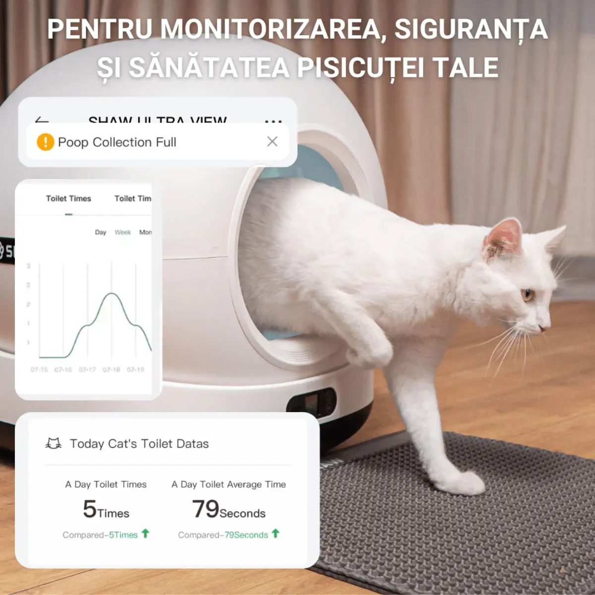 SHAW Ultra, litiera automata pisici, auto-curatare, sterilizare UV, aplicatie mobila, negru, 58.19x51.34x53 cm - Image 4
