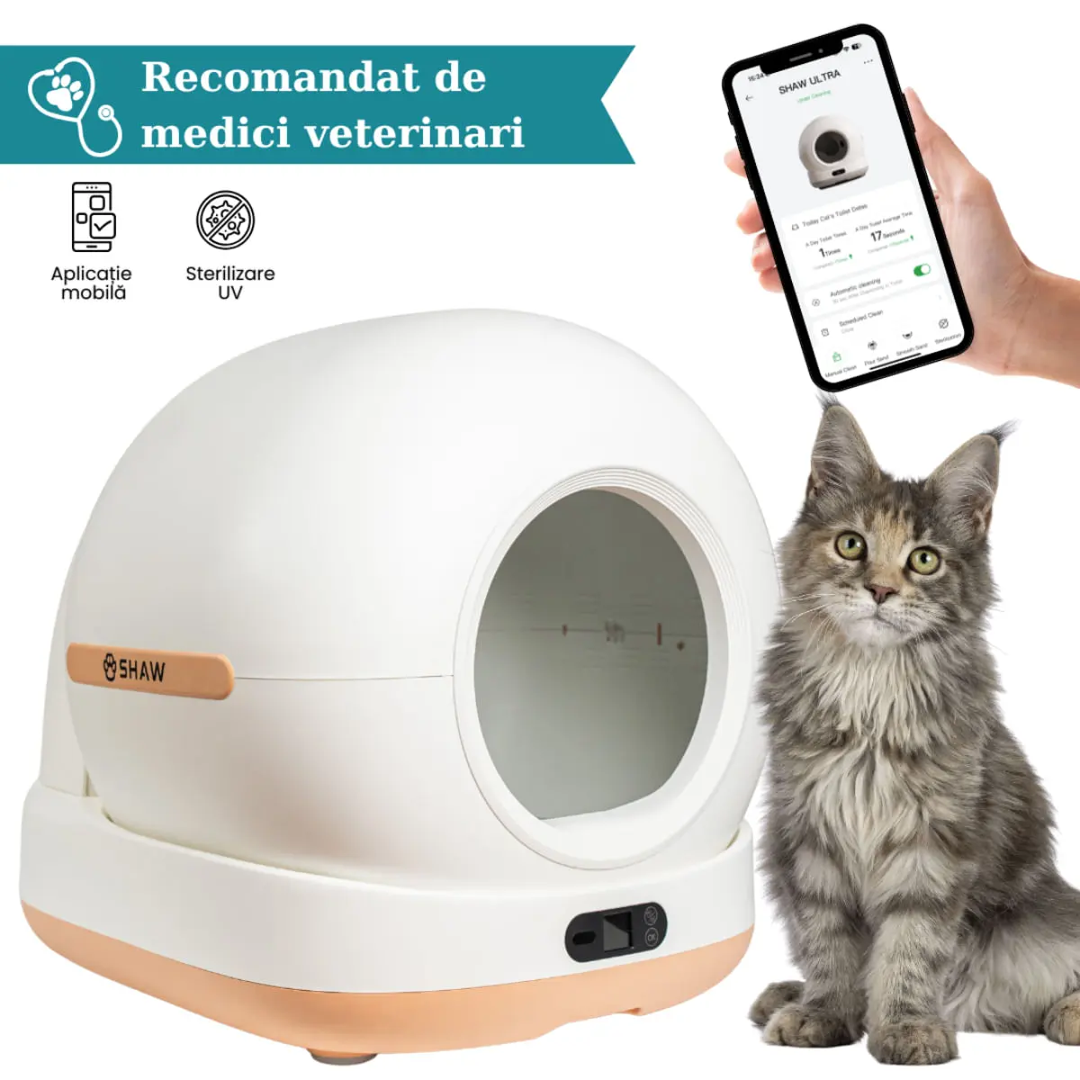 SHAW Ultra, litiera automata pisici, auto-curatare, sterilizare UV, aplicatie mobila, bej, 58.19x51.34x53 cm