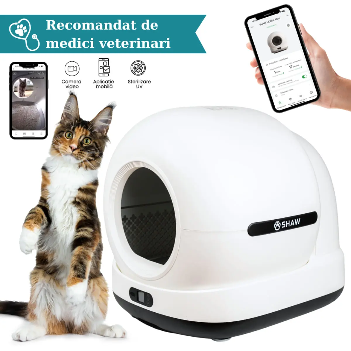 SHAW Ultra View, litiera automata pisici, auto-curatare, sterilizare UV, aplicatie mobila, alb si negru, 58.19x51.34x53 cm