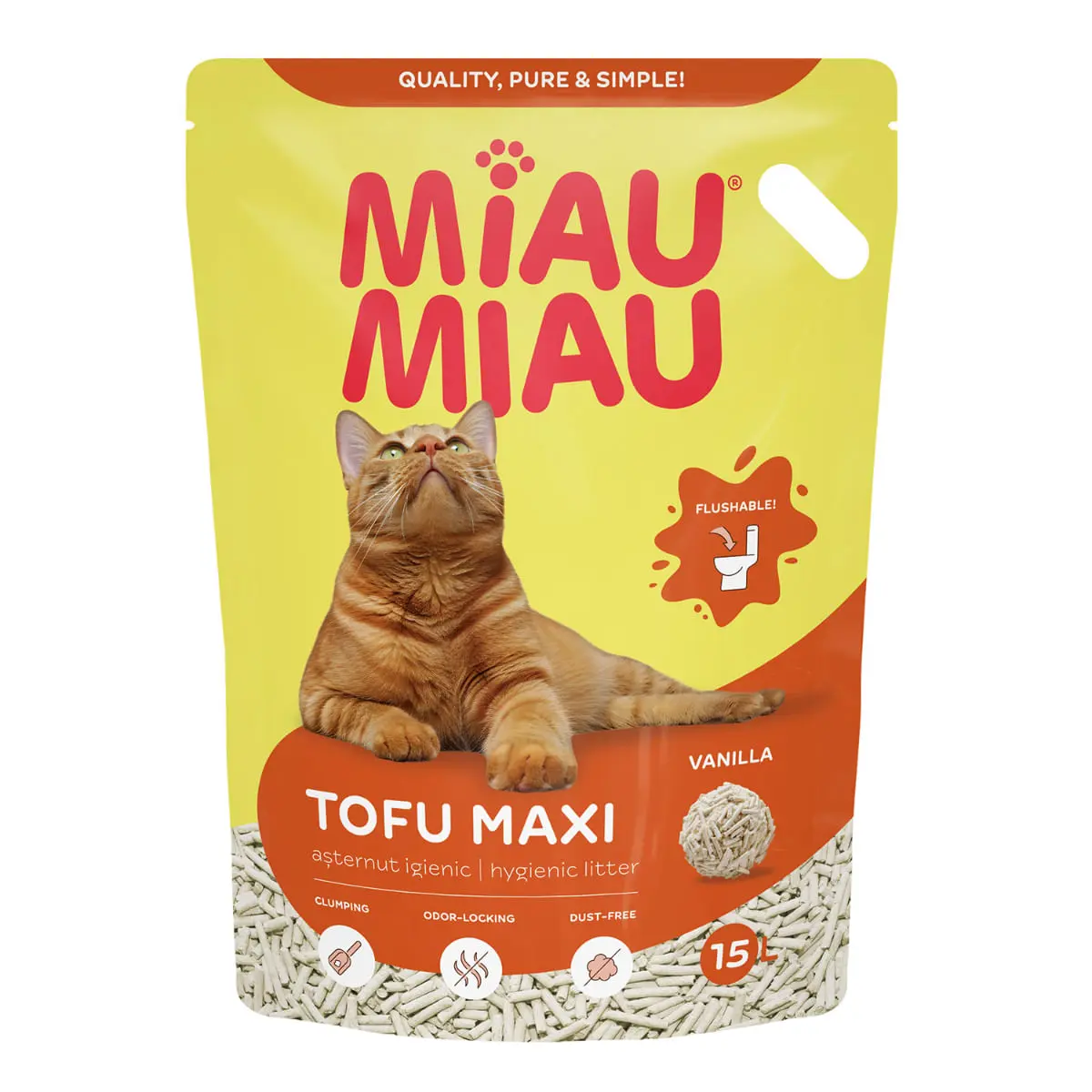 MIAU MIAU Tofu Maxi, Vanilie, asternut igienic pisici, peleti, tofu, neaglomerant, ecologic, biodegradabil, 15l MIAU MIAU Maxi, neparfumat, asternut igienic pisici, peleti, tofu, neaglomerant, ecologic, biodegradabil, 15l