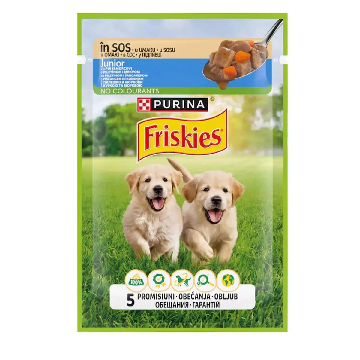 FRISKIES Junior, XS-XL, Pui si Morcov, plic hrana umeda caini junior, (in sos), 85g