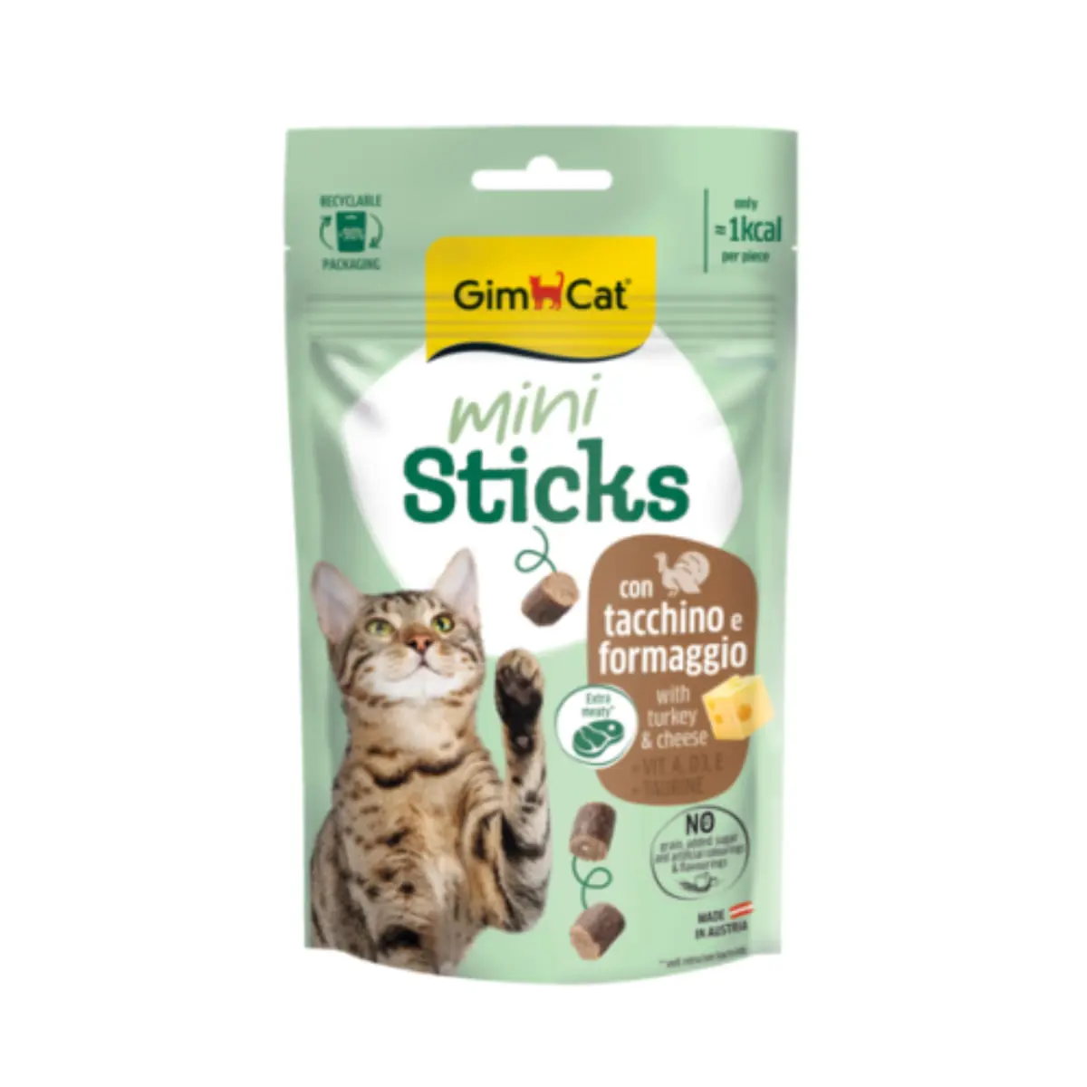 GIMCAT Mini Sticks, Curcan si Branza, punguta recompense pisici, 50g