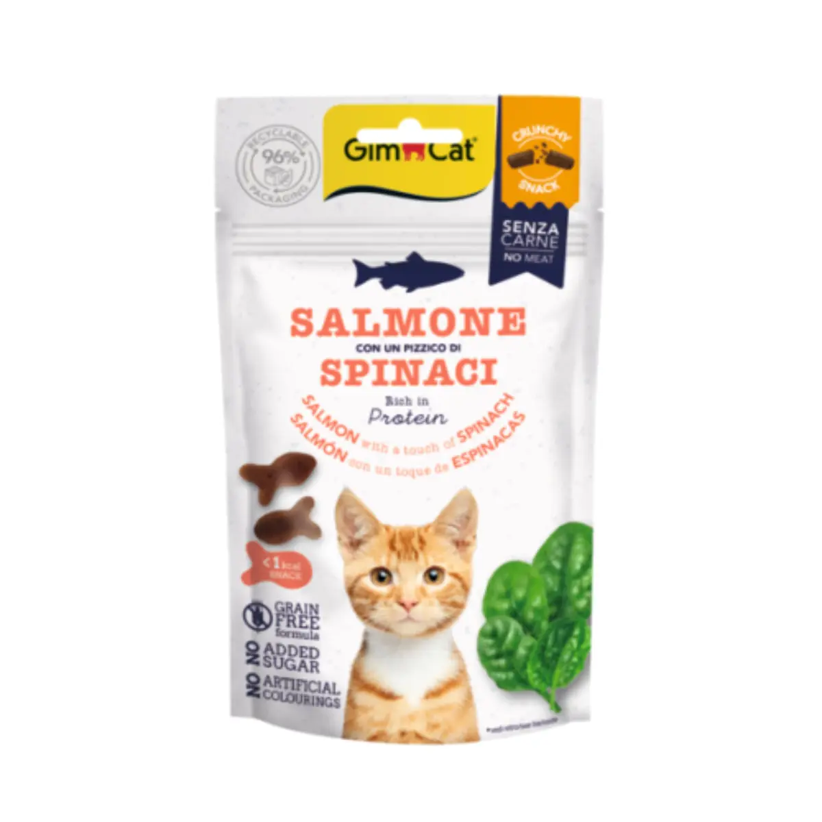 GIMCAT Crunchy, Somon si Spanac, punguta recompense fara cereale pisici, 50g