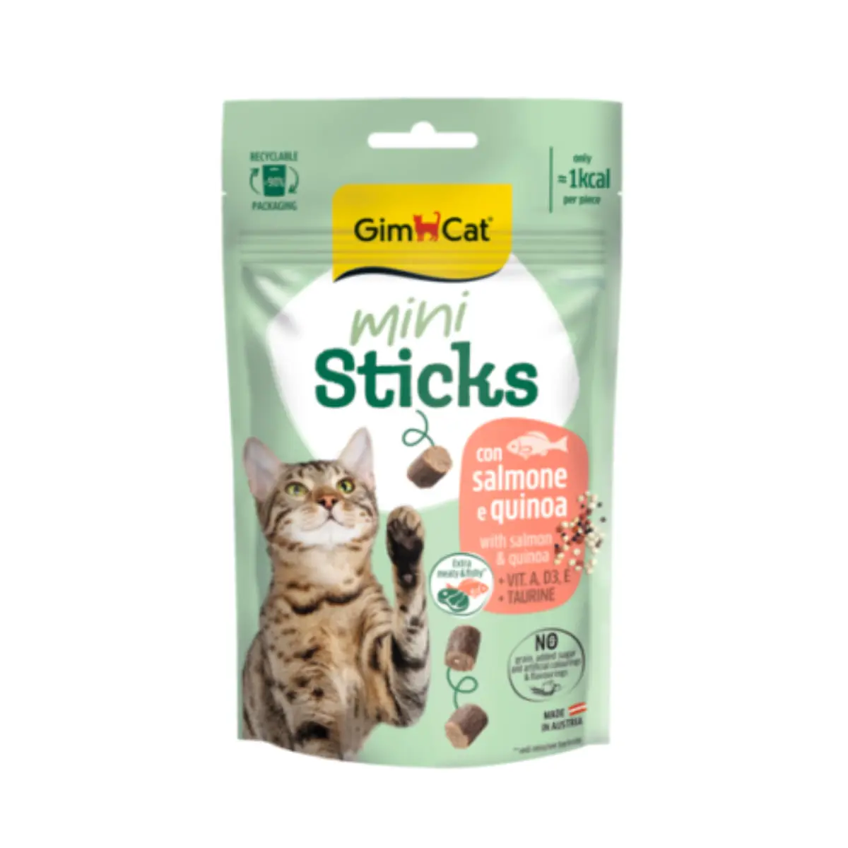 GIMCAT Mini Sticks, Somon si Quinoa, punguta recompense fara cereale pisici, 50g
