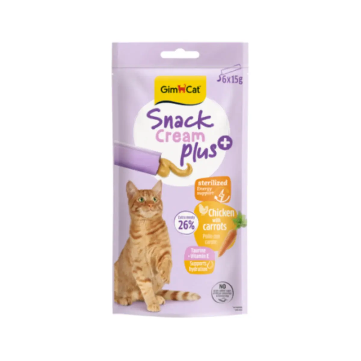GIMCAT Snack Cream Plus Sterilized , Pui si Morcov, punguta recompense pisici sterilizate, 90g
