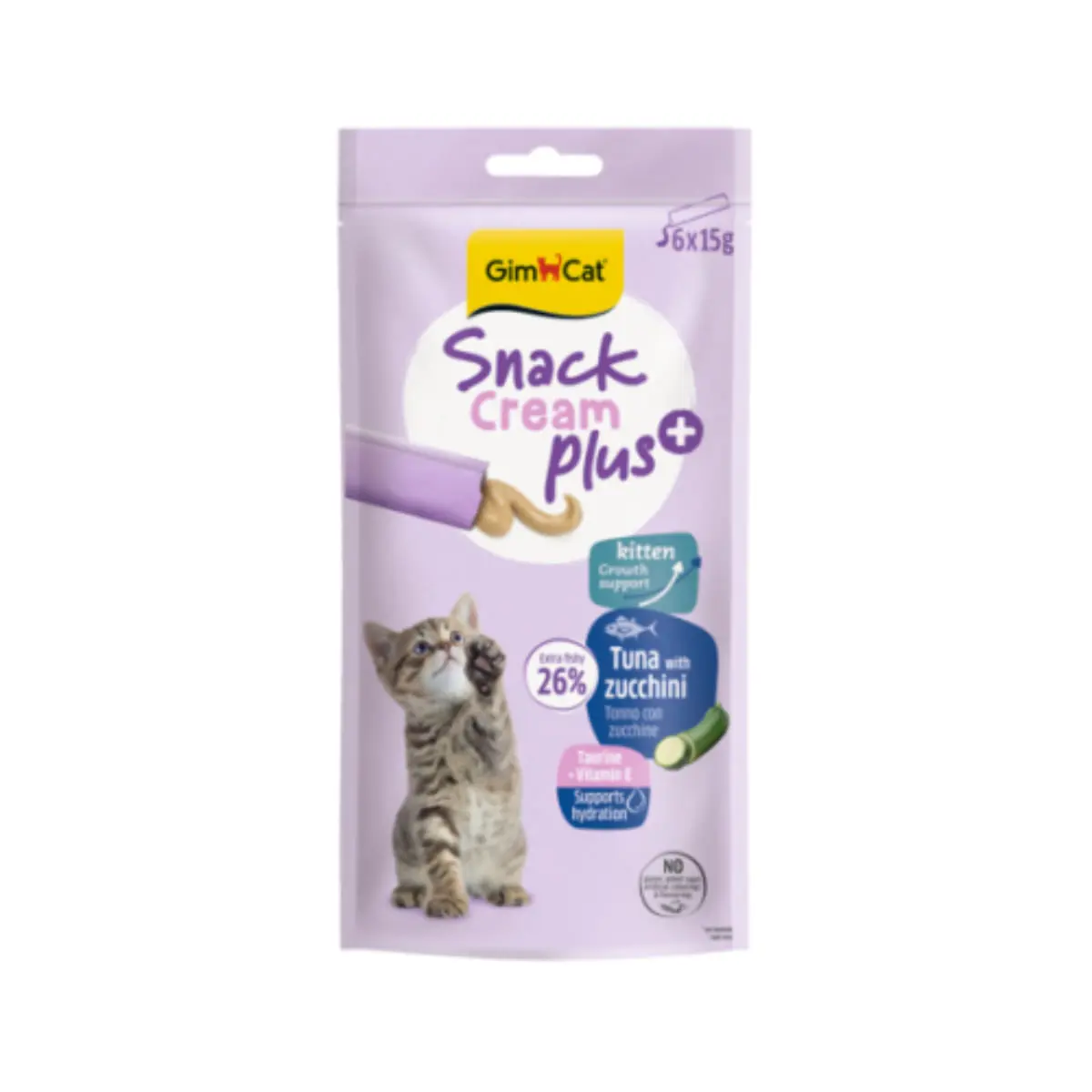 GIMCAT Snack Cream Plus Kitten, Ton si Zucchini, punguta recompense pisici junior, 90g