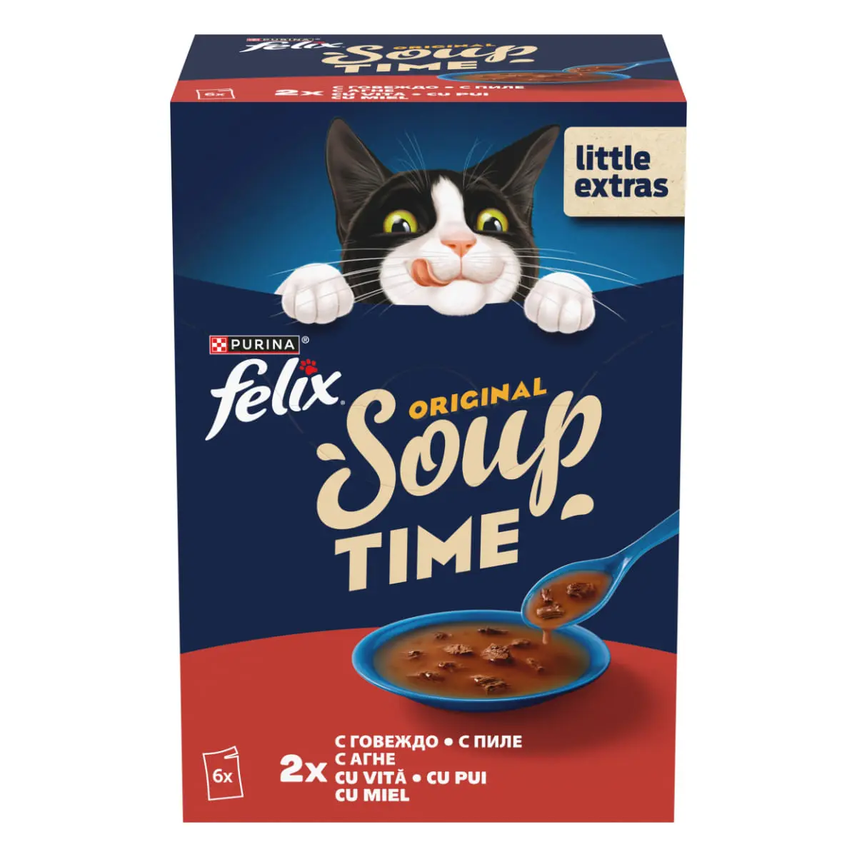 FELIX Soup Farm Selection cu Vita, Pui si Miel, plic hrana umeda pisici, (in supa), multipack, 48g x 6buc