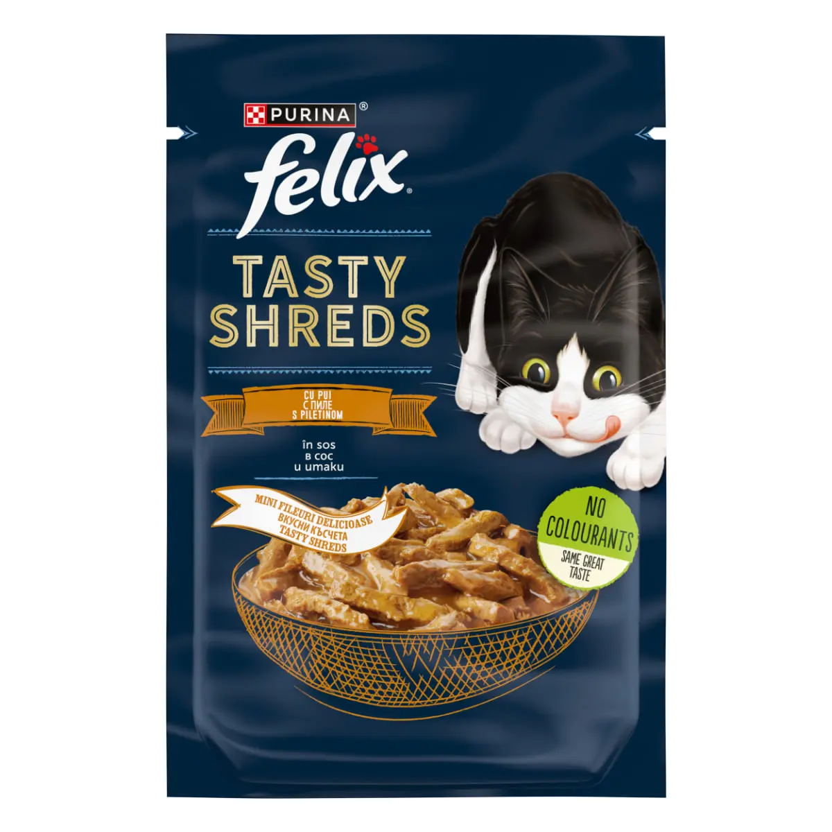 FELIX Tasty-Shreds, Pui, plic hrana umeda pisici, (in sos), 80g