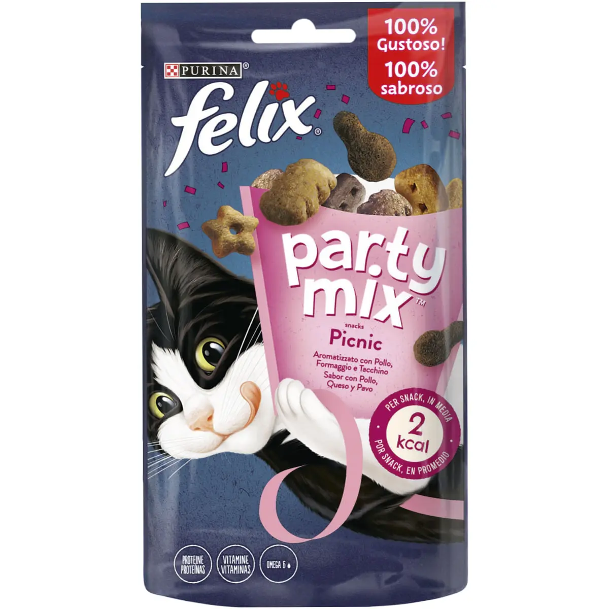 FELIX Party Mix Picnic Mix cu Pui, Branza si Curcan, punguta recompense pisici, 60g