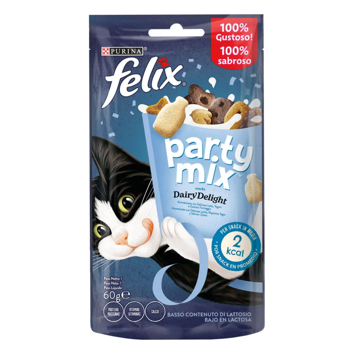 FELIX Party Mix Dairy Delight cu Iaurt, Lapte si Branza, punguta recompense pisici, 60g