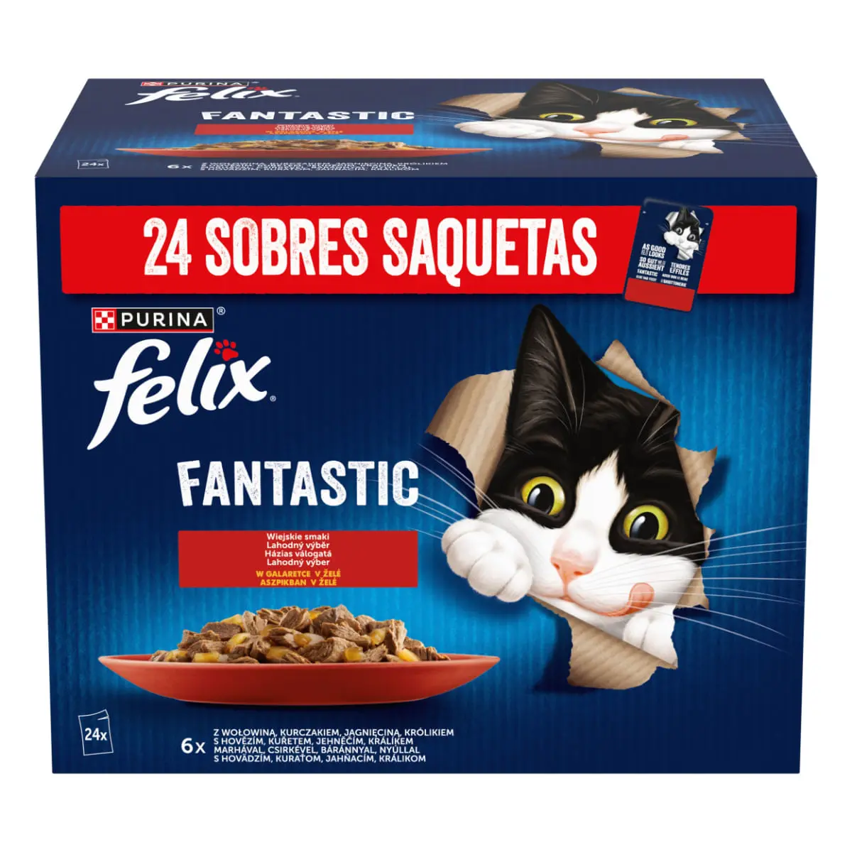 FELIX Fantastic Selectie cu Vita, Pui, Iepure si Miel, plic hrana umeda pisici, (in aspic), bax, 85g x 24buc