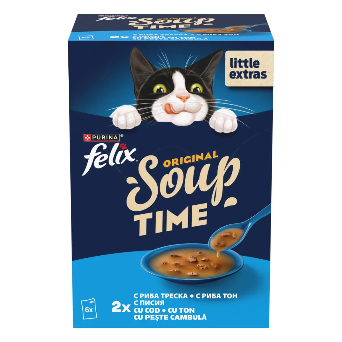 FELIX Soup Fish Selection cu Cod, Ton si Cambula, plic hrana umeda pisici, (in supa), multipack, 48g x 6buc