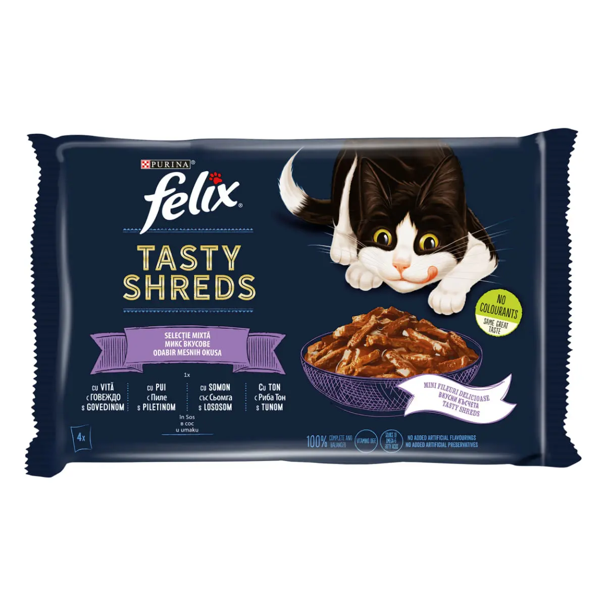 FELIX Tasty-Shreds Selectie mixta cu Vita, Pui, Somon si Ton, plic hrana umeda pisici, (in sos), multipack, 80g x 4buc - Image 2
