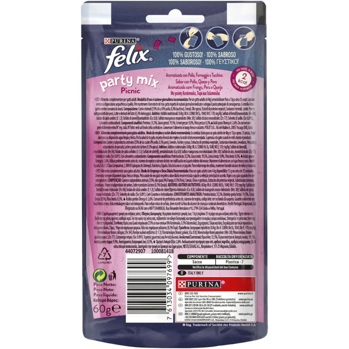 FELIX Party Mix Picnic Mix cu Pui, Branza si Curcan, punguta recompense pisici, 60g - Image 3