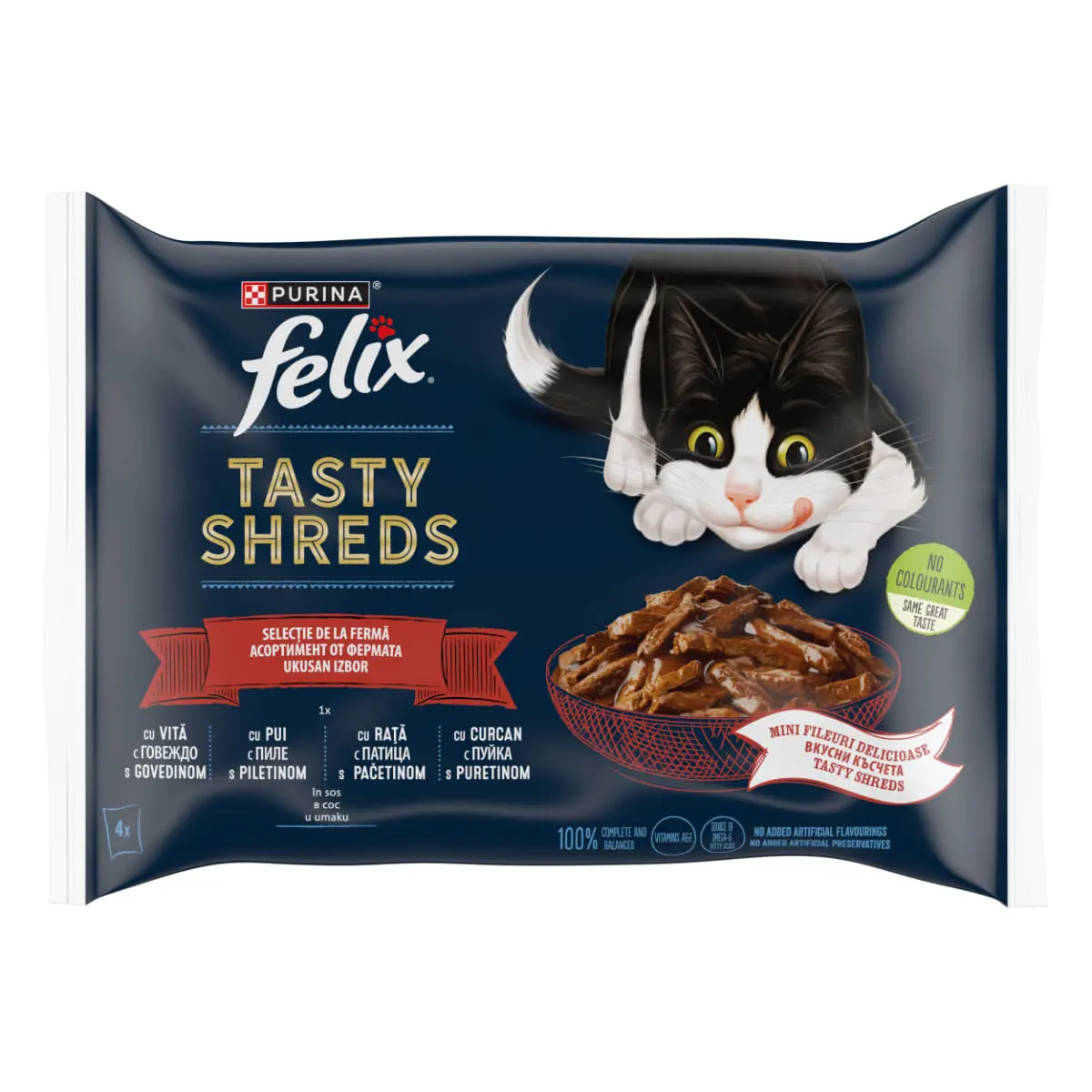 FELIX Tasty-Shreds Selectie de la Ferma cu Vita, Pui, Curcan si Rata, plic hrana umeda pisici, (in sos), multipack, 80g x 4buc - Image 2