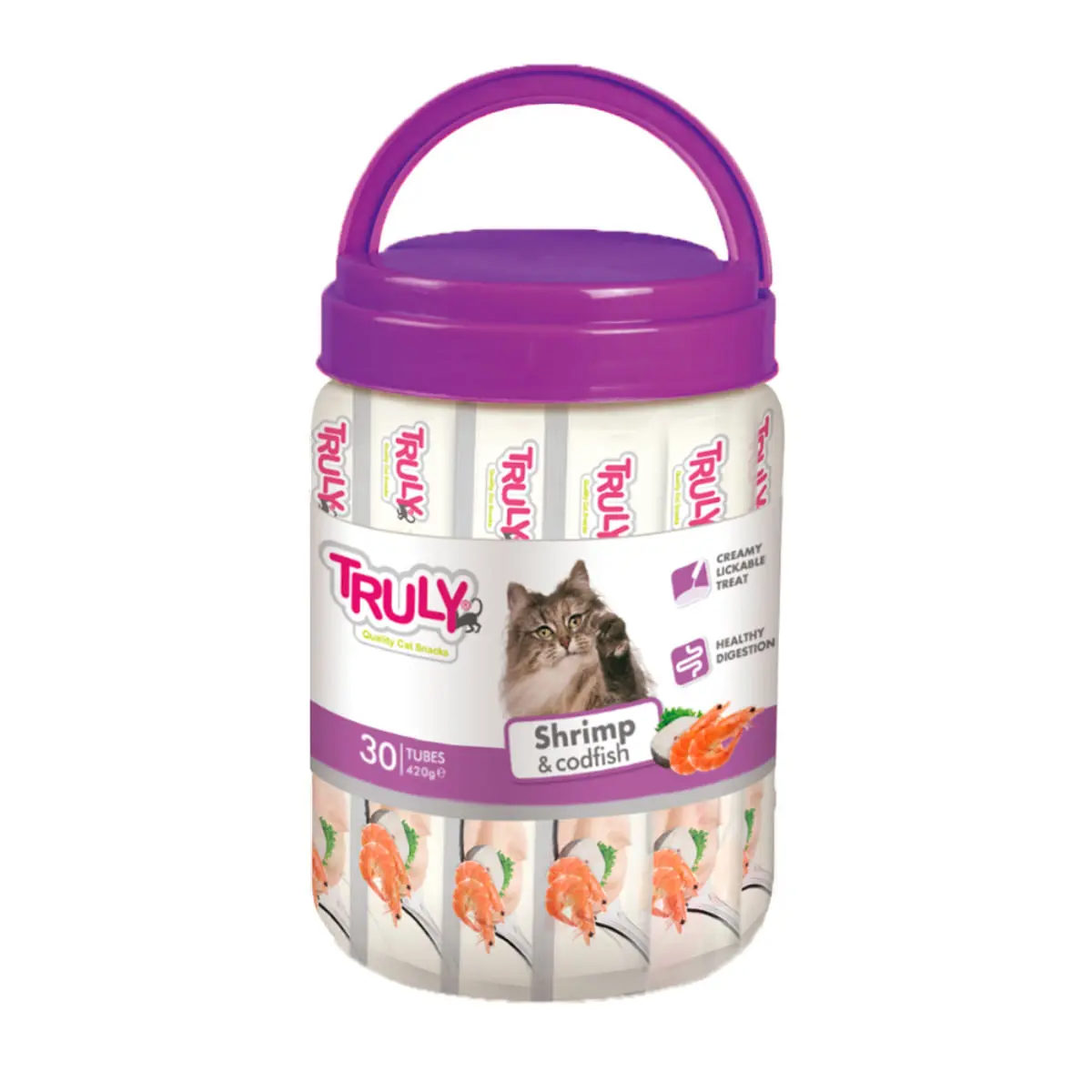 WANPY Truly Creamy Lickable Treat, Creveti si Cod, flacon recompense fara cereale pisici, (piure), 420g