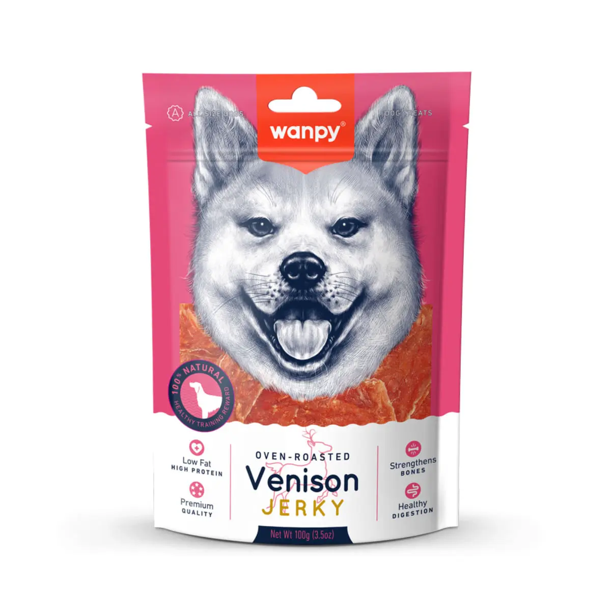 WANPY Jerky, XS-XL, Vanat, punguta recompense fara cereale caini, 100g