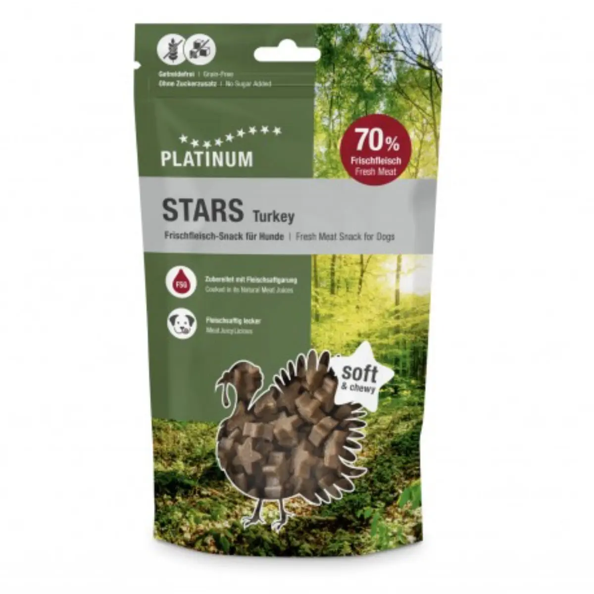 PLATINUM Stars, XS-XL, Curcan, punguta recompense fara cereale caini, 185g