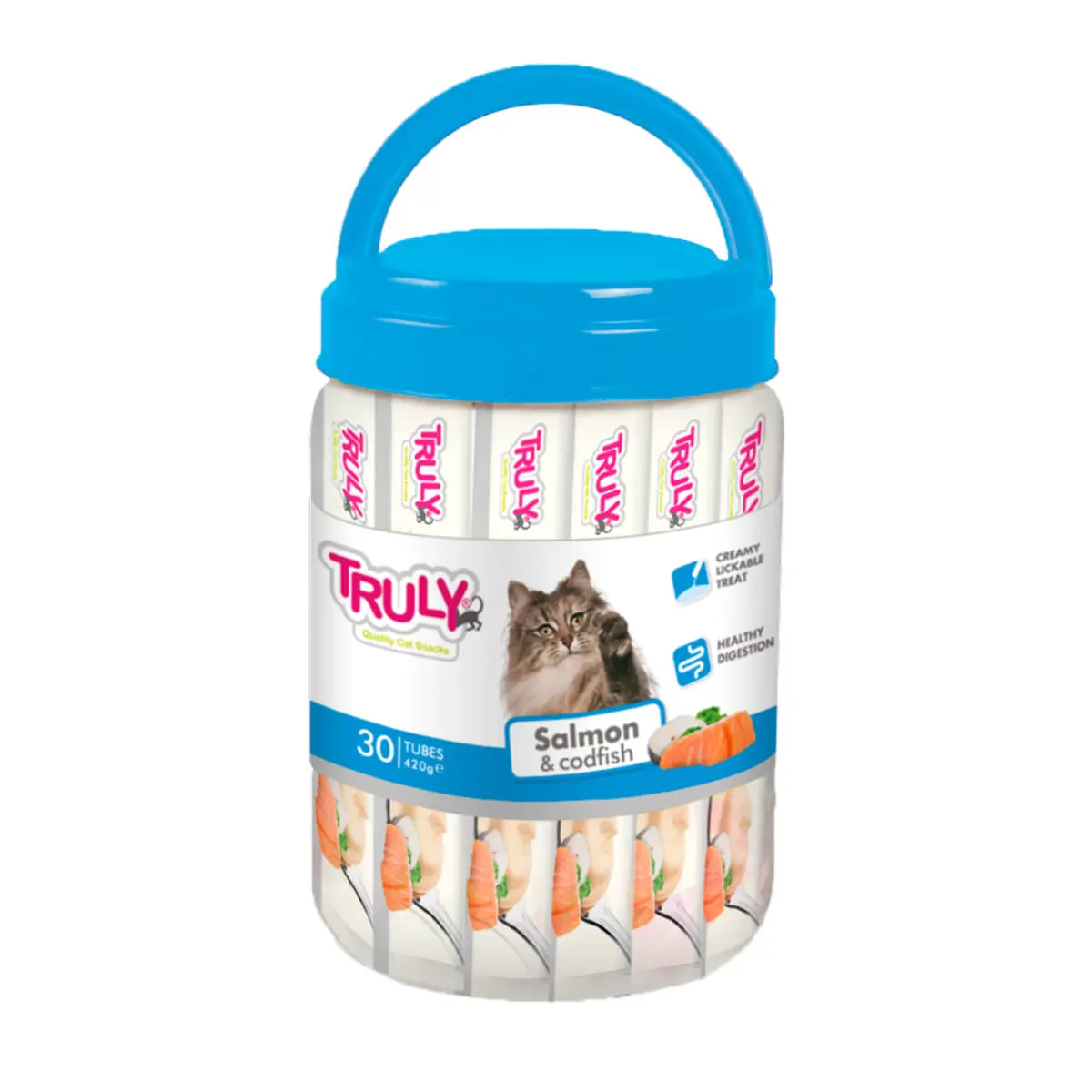 WANPY Truly Creamy Lickable Treat, Somon si Cod, flacon recompense fara cereale pisici, (piure), 420g - Image 2