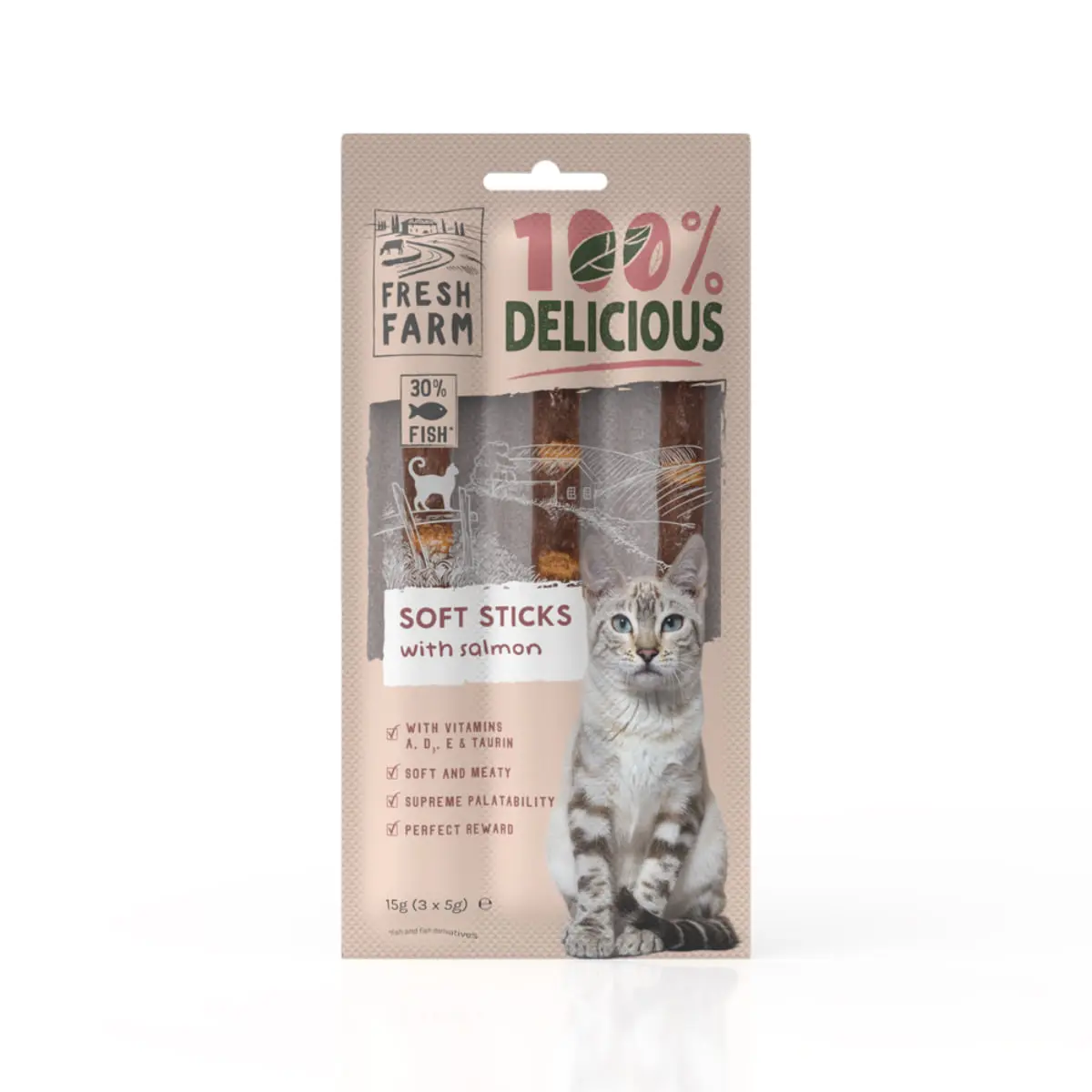 FRESH FARM Soft Sticks, Somon, punguta recompense pisici, 15g