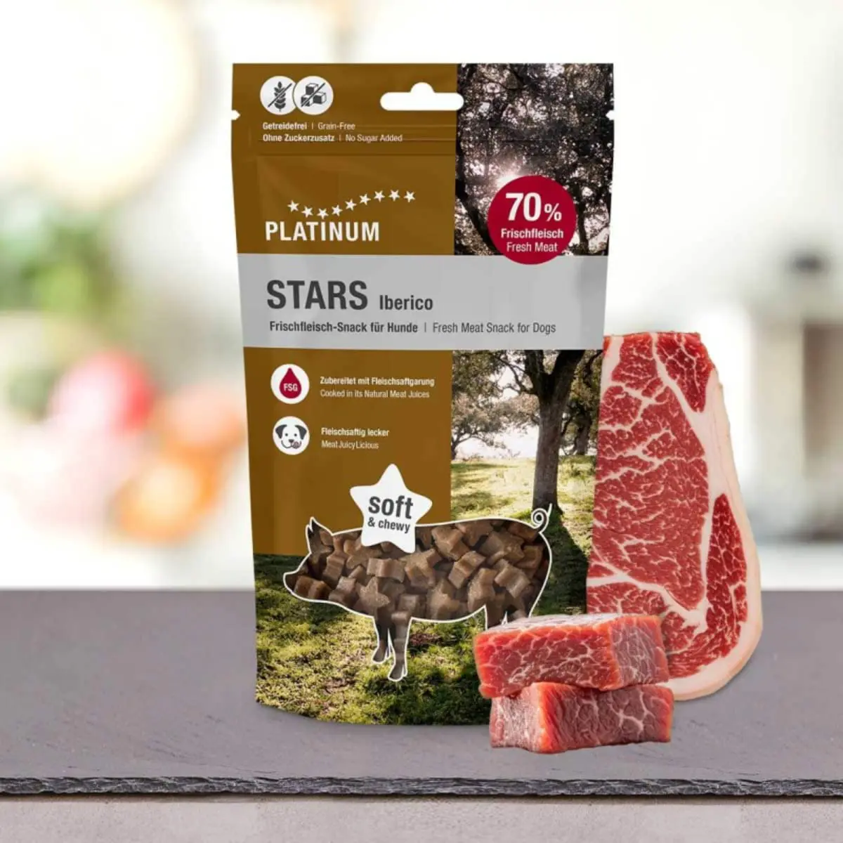 PLATINUM Stars, XS-XL, Iberico, punguta recompense fara cereale caini, 185g