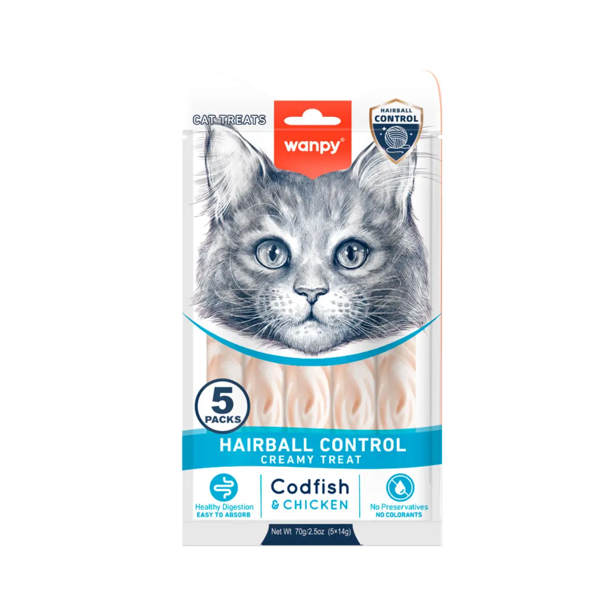 WANPY Hairball Control, Cod si Pui, punguta recompense functionale fara cereale pisici, limitarea ghemurilor de blana, (piure), 70g - Image 2