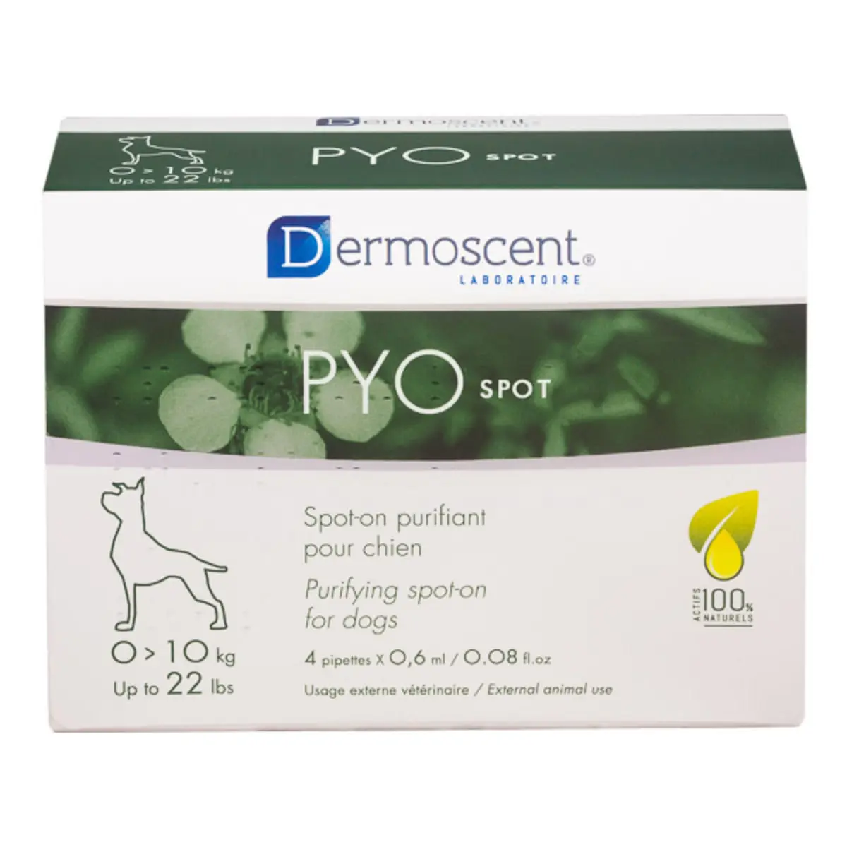 DERMOSCENT PYO spot, tratament adjuvant piele & blana caini, pipete, 4buc DERMOSCENT PYO spot 0 -10kg, tratament adjuvant piele & blana caini, 0.6ml x 4buc pipete