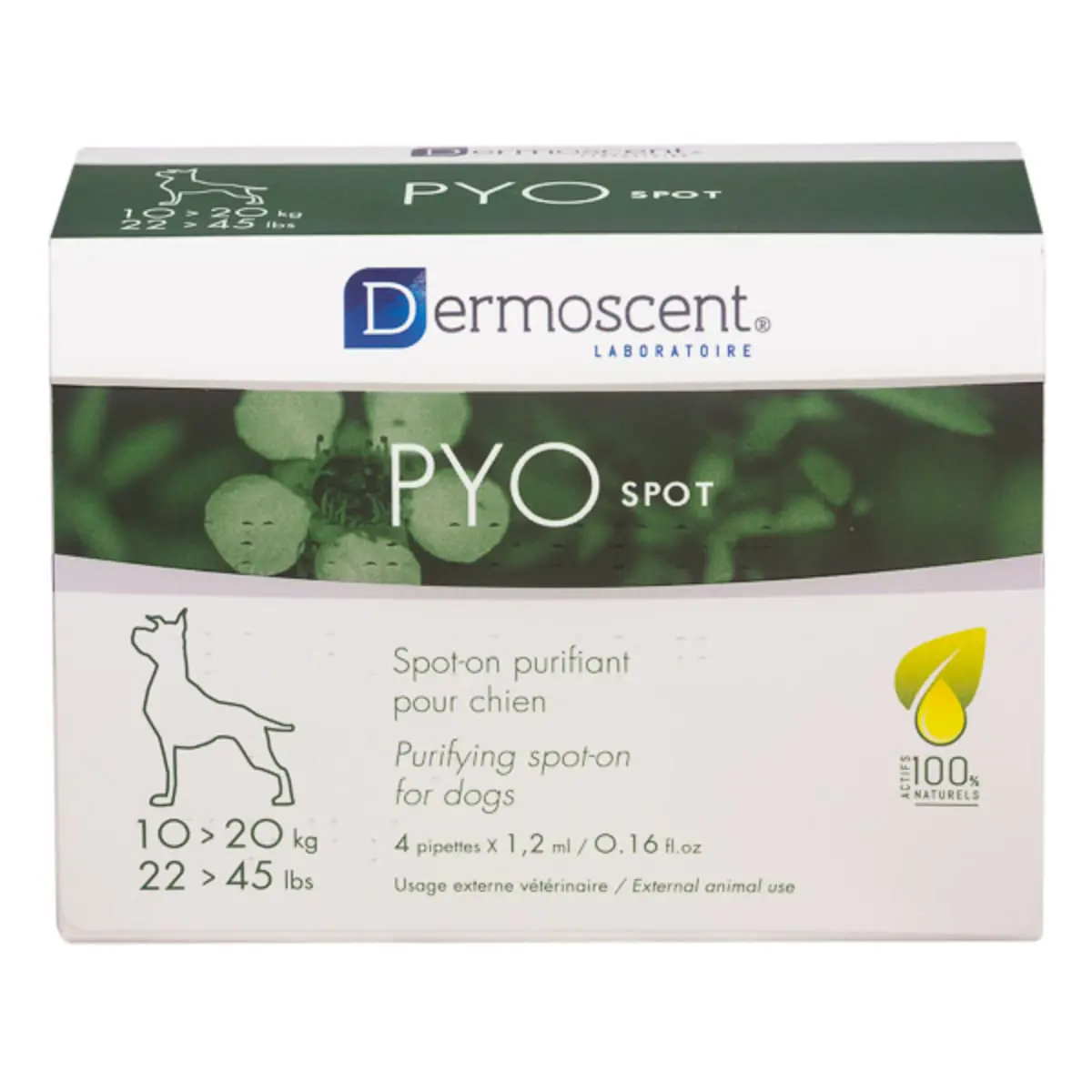 DERMOSCENT PYO spot, tratament adjuvant piele & blana caini, pipete, 4buc DERMOSCENT PYO spot 10 -20kg, tratament adjuvant piele & blana caini, 1.2ml x 4buc pipete