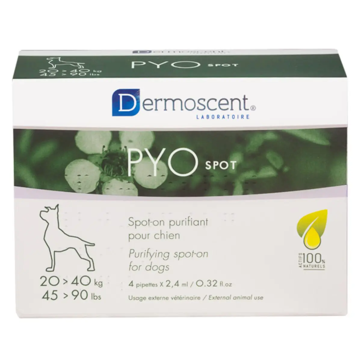 DERMOSCENT PYO spot, tratament adjuvant piele & blana caini, pipete, 4buc DERMOSCENT PYO spot 20 -40kg, tratament adjuvant piele & blana caini, 2.4ml x 4buc pipete - Image 2
