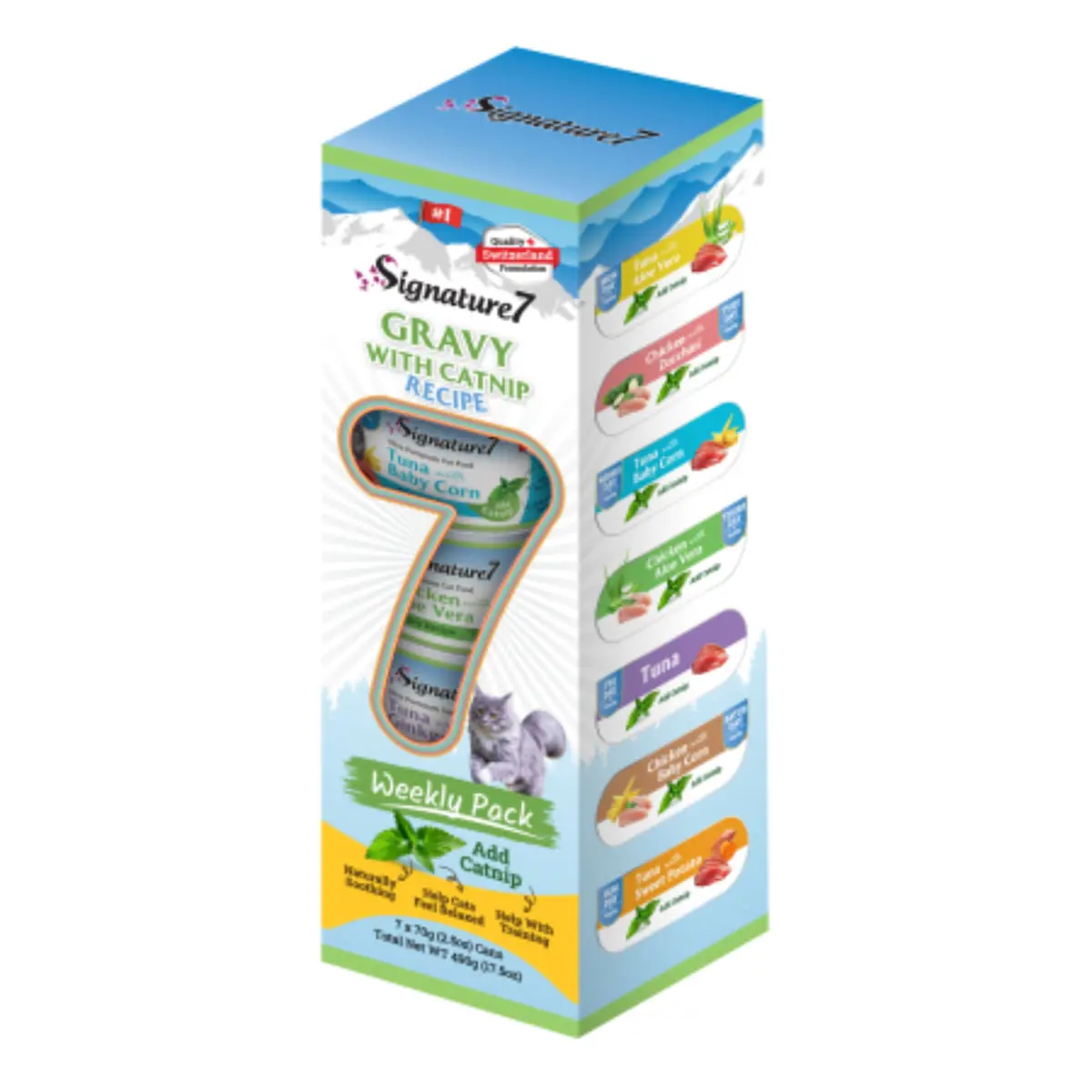 SIGNATURE7 Weekly Pack Gravy with Catnip Receipe, Ton si Pui, conserva hrana umeda fara cereale pisici, (in sos), multipack, 70g x 7buc - Image 2