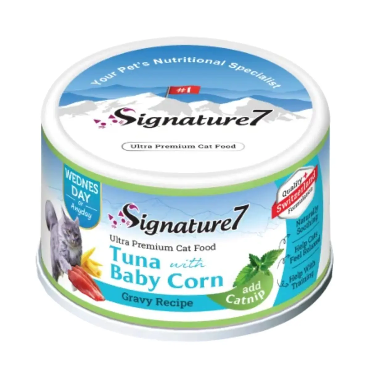 SIGNATURE7, Ton si Baby Corn, conserva hrana umeda fara cereale pisici, (in sos), bax, 70g x 24buc