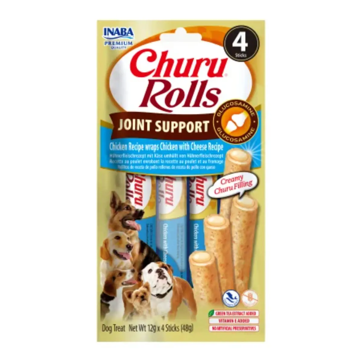 INABA Churu Rolls Joint Support, XS-XL, Pui si Branza, punguta recompense functionale fara cereale caini, sistem articular, 48g