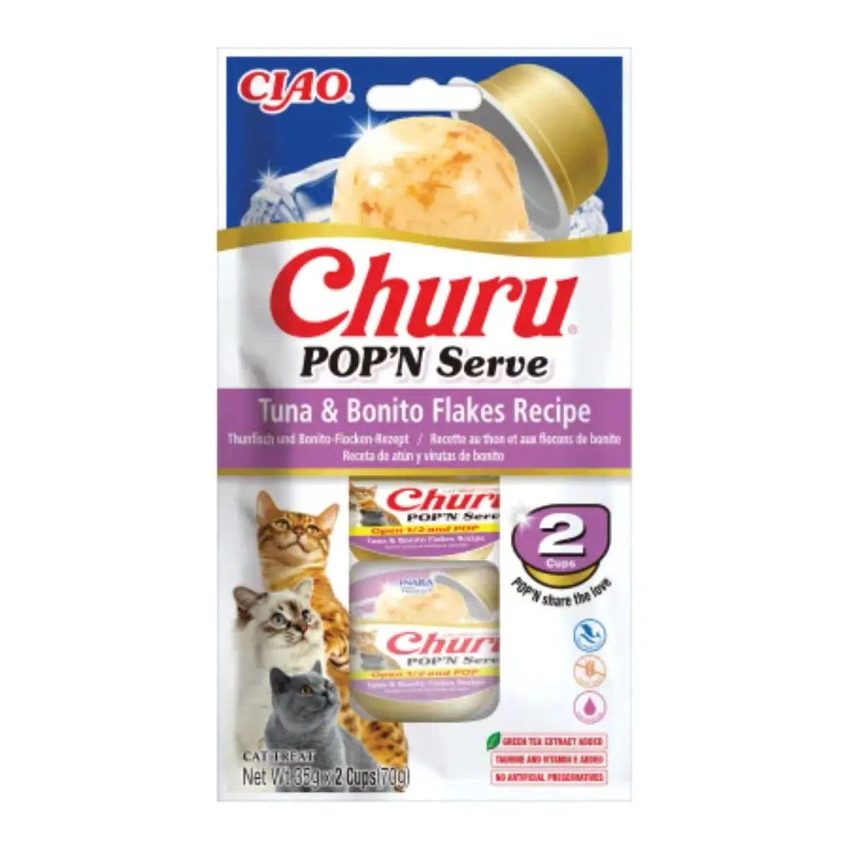 INABA Churu Pop'n Serve, Ton si Fulgi de Bonito, bol hrana umeda fara cereale pisici, (in aspic), 70g