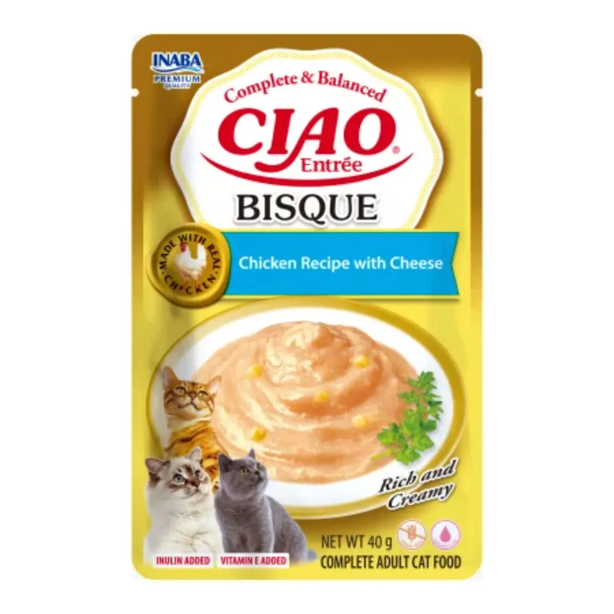 INABA Ciao Entree Bisque, Pui si Branza, plic hrana umeda fara cereale pisici, (piure), 40g - Image 2