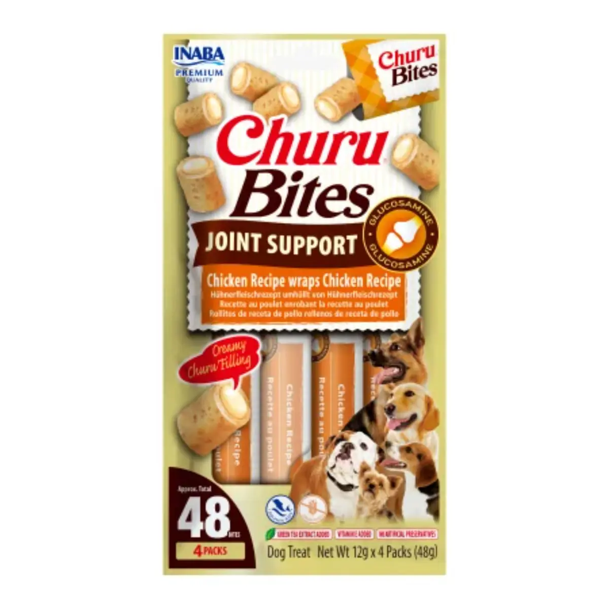 INABA Churu Bites Joint Support, XS-XL, Pui, punguta recompense functionale fara cereale caini, sistem articular, 56g