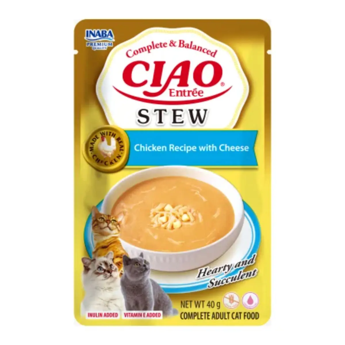 INABA Ciao Entree Stew, Pui si Branza, plic hrana umeda fara cereale pisici, (piure), 40g