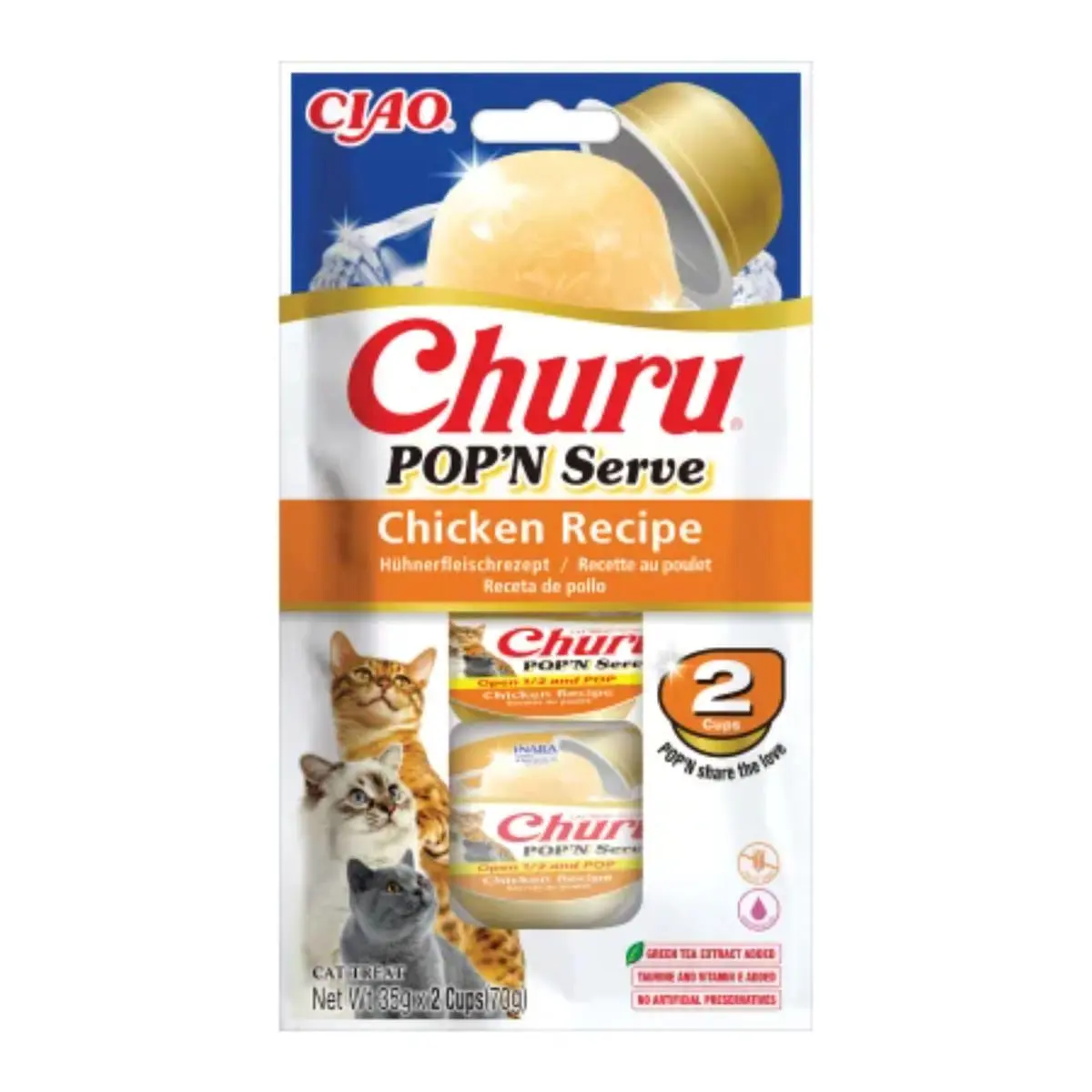 INABA Churu Pop'n Serve, Pui, bol hrana umeda fara cereale pisici, (in aspic), 70g