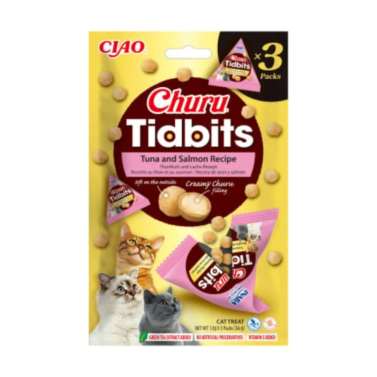 INABA Churu Tidbits, Ton si Somon, punguta recompense fara cereale pisici, 36g