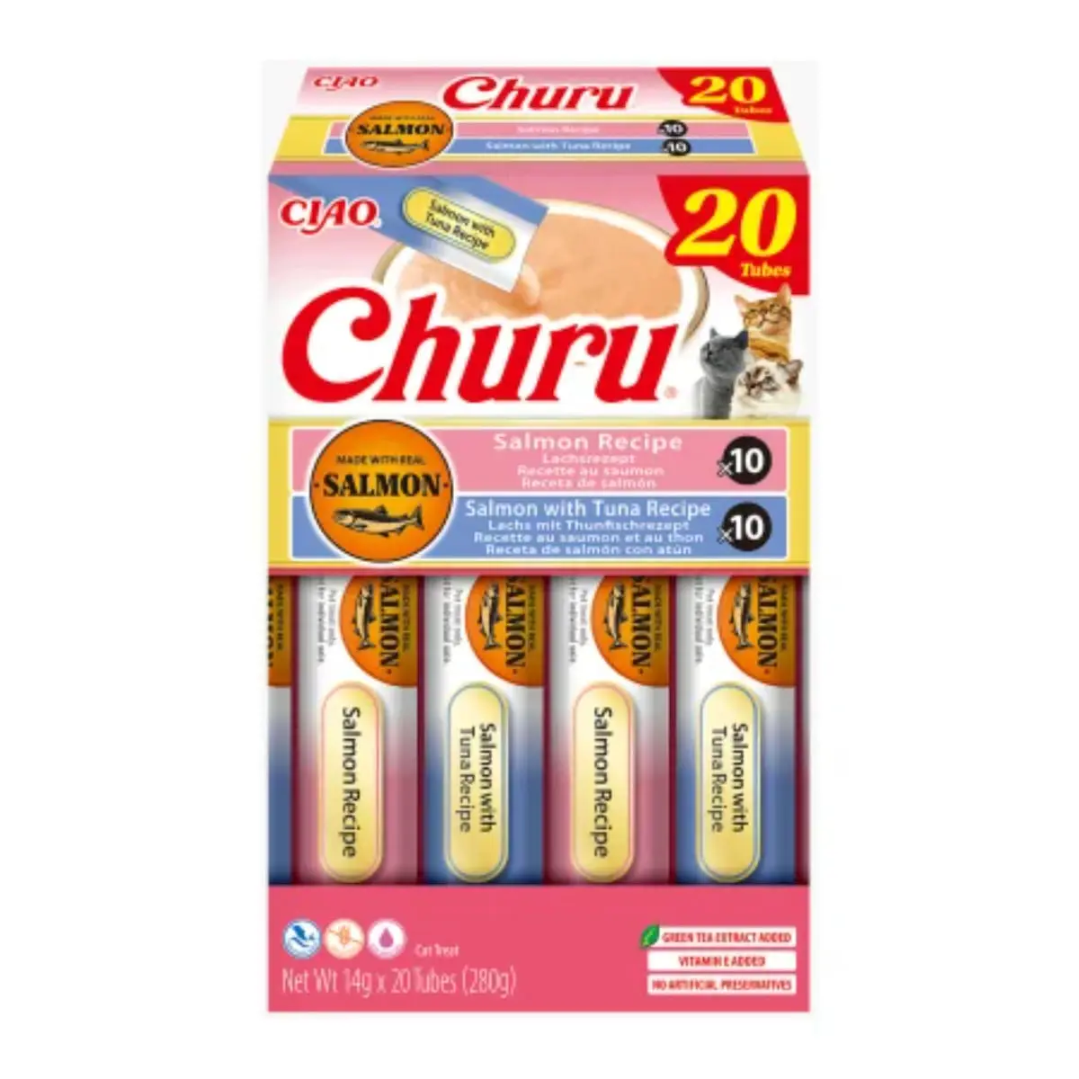 INABA Churu Variety, Somon si Ton, cutie recompense fara cereale pisici, (topping), 280g
